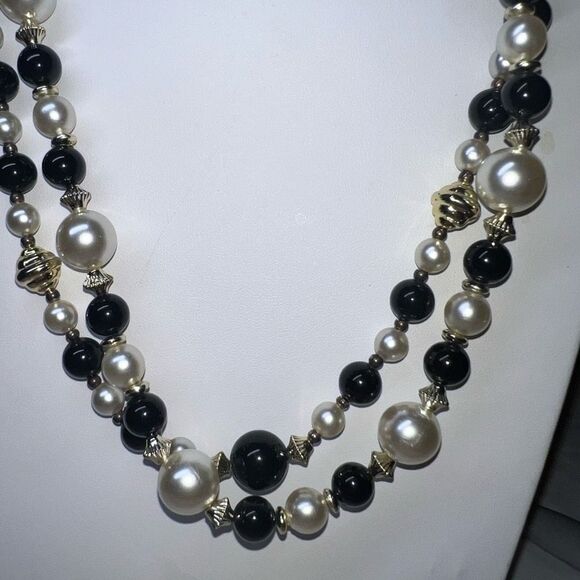 Vintage Double Strand Black Bead and Faux Pearl Necklace - Picture 2 of 7